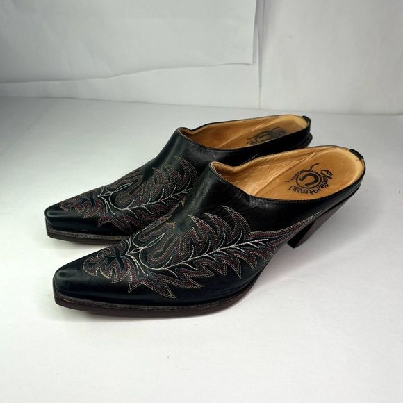 Lucchese Shoes - Lucchese Charlie Horse Leather Western Embroidered Mules Slip On Womens